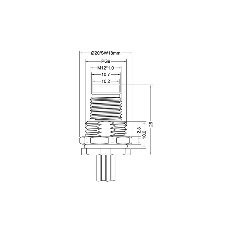 Push-pull m12 3pins A code male straight front panel mount connector PG9 thread,unshielded,single wires,brass with nickel plated shell